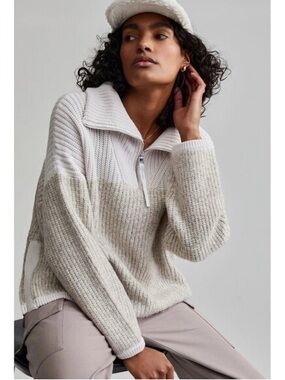 Varley Two-Tone Ribbed Half-Zip Sweater in Cream & Beige